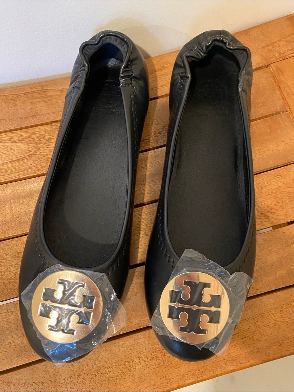 Tory Burch Black Leather Reva Flats with Gold Logo Medallion